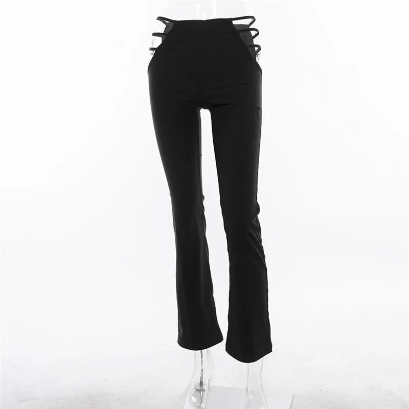 BOOFEENAA, сексуальные черные расклешенные штаны с дырочками, женские уличные спортивные штаны, Женская мода, осенне-зимние повседневные брюки, C83-AA33