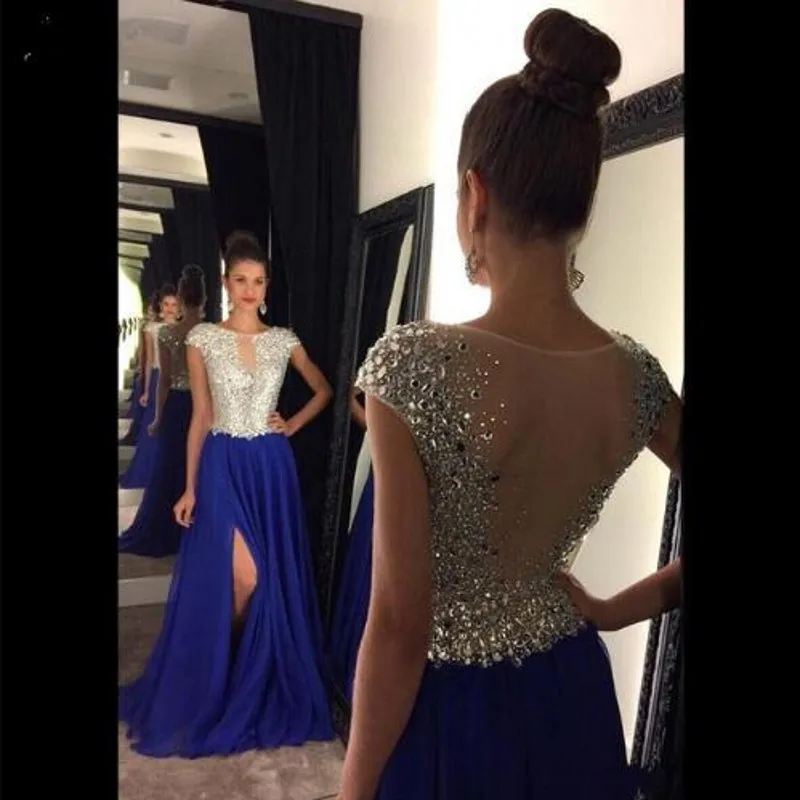 Royal blue Evening Dresses Long A-Line Sheer Scoop Side Slit Beading Chiffon Prom Dress Women Party Formal Dress Evening Gown