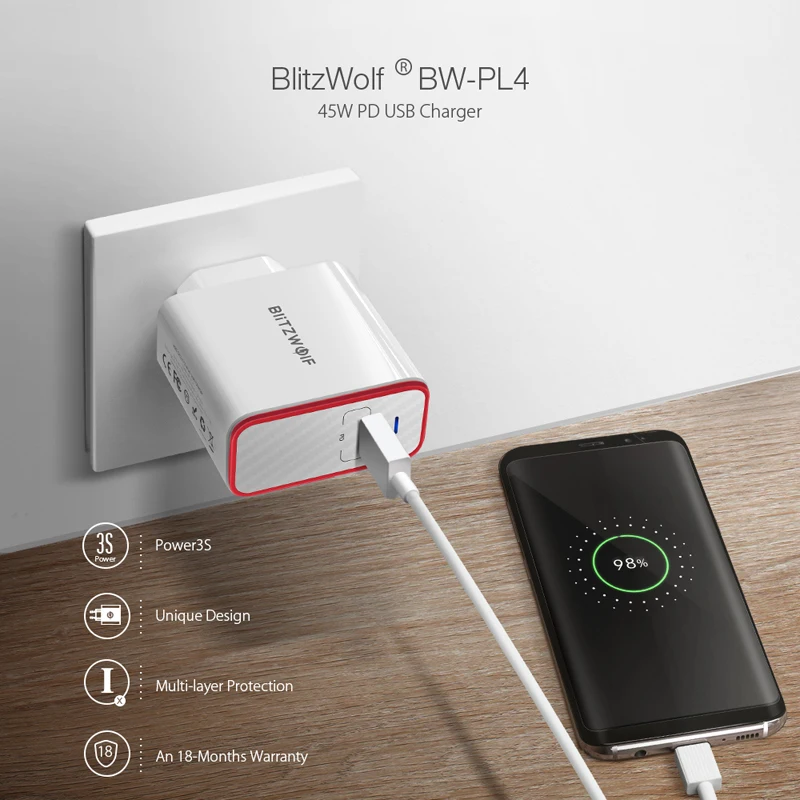 BlitzWolf 45 Вт USB PD Быстрая зарядка type C телефон быстрое зарядное устройство ЕС разъем совместимый для iPhone X 8 Plus/iPad Pro/Macbook переключатель BlitzWolf 45 Вт USB PD Быстрая зарядка type C телефон быстрое зарядное устройство ЕС разъем совместимый для iPhone X 8 Plus/iPad Pro/Macbook переключатель