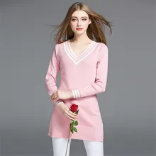 Элегантная длинная футболка, женский свитер, топ, модный, универсальный, вязанный, хлопковый свитер, v-образный вырез, футболка, Рабочая Рубашка для офиса