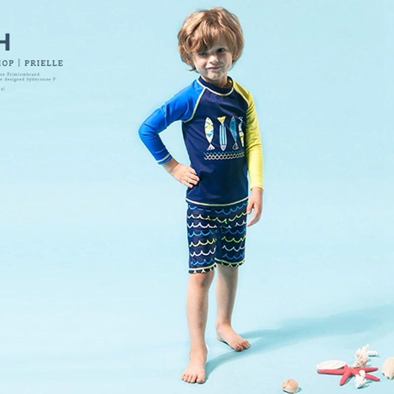 Купальный костюм для мальчика, Детская нейлоновая рубашка с длинными рукавами и принтом, шорты, шорты, купальник пляж купание, серфинг - Цвет: L