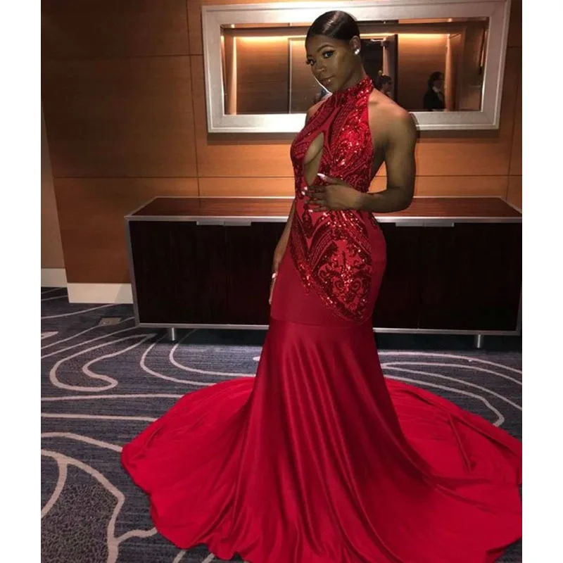 

Sexy Red Long Mermaid Prom Dresses New High Neck Sweep Strain Sparkly Sequined Open Back Formal Evening Dress Party Gowns