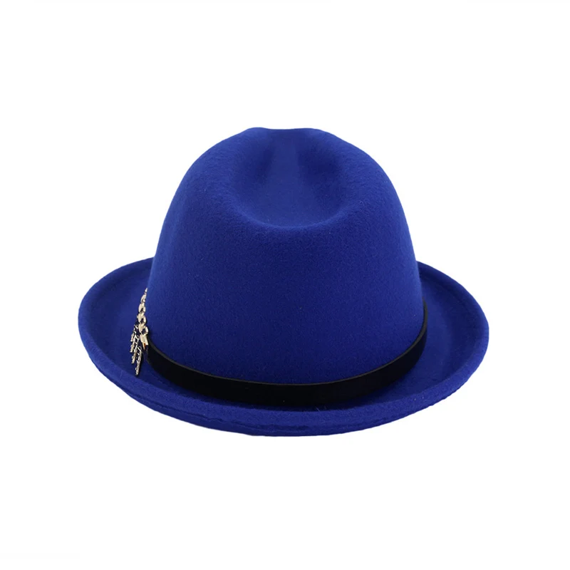Европейский Американский рулон короткий край шерсть фетровая шляпа Федора для мужчин женщин тренд унисекс мягкая фетровая шляпа в джазовом стиле шляпа с поясом металлические шляпы для мужчин