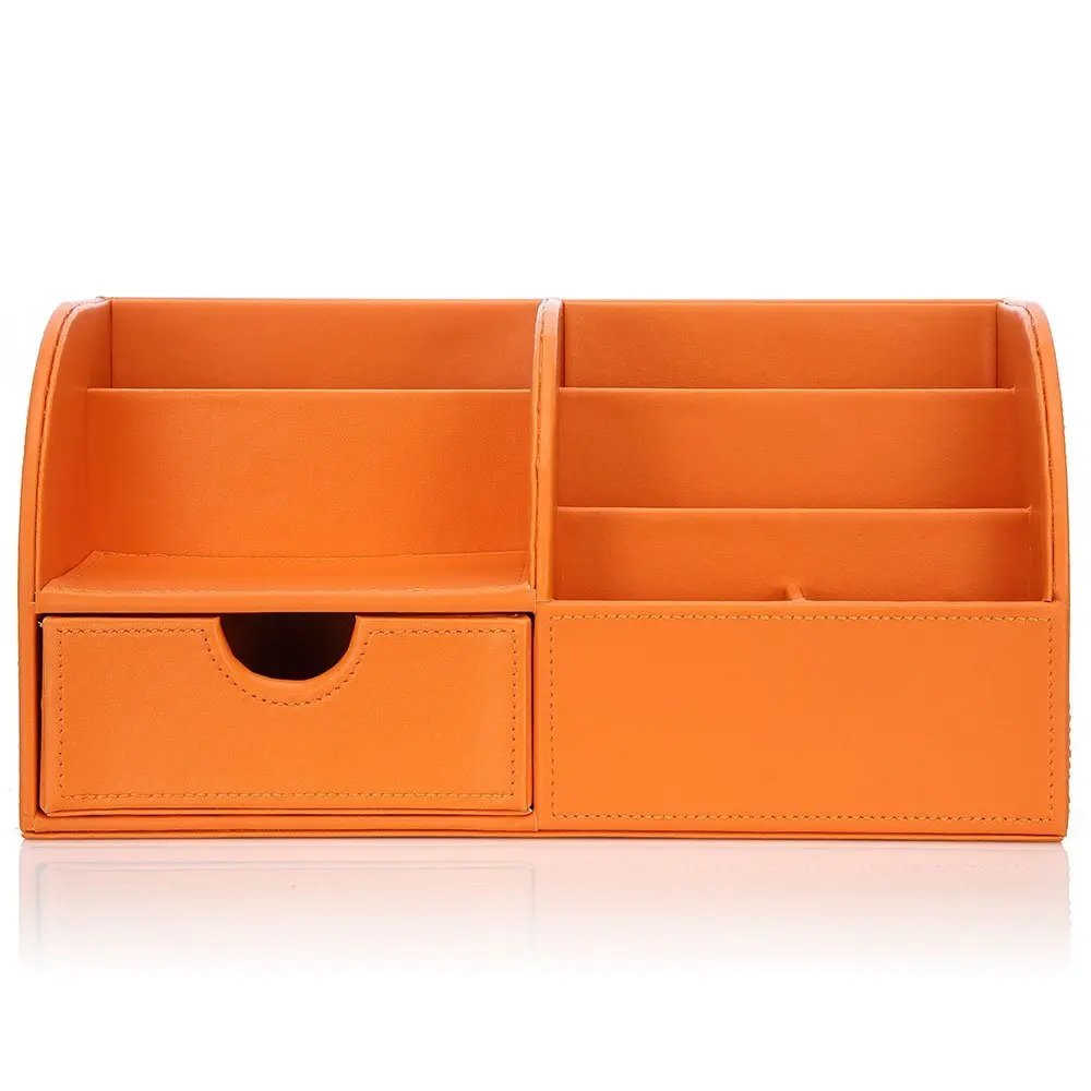 Оранжевый многофункциональный офисный Настольный органайзер из искусственной кожи с 7 отделениями для хранения, ящик для хранения канцелярских принадлежностей, держатель для ручек