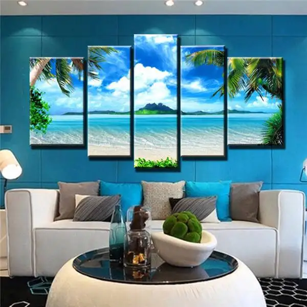 

Unframed 5 Panel Blue Sky And Beach Seascape Modern Print Art Painting Canvas Home Wall Deocr For Living Room Decoration Artwork