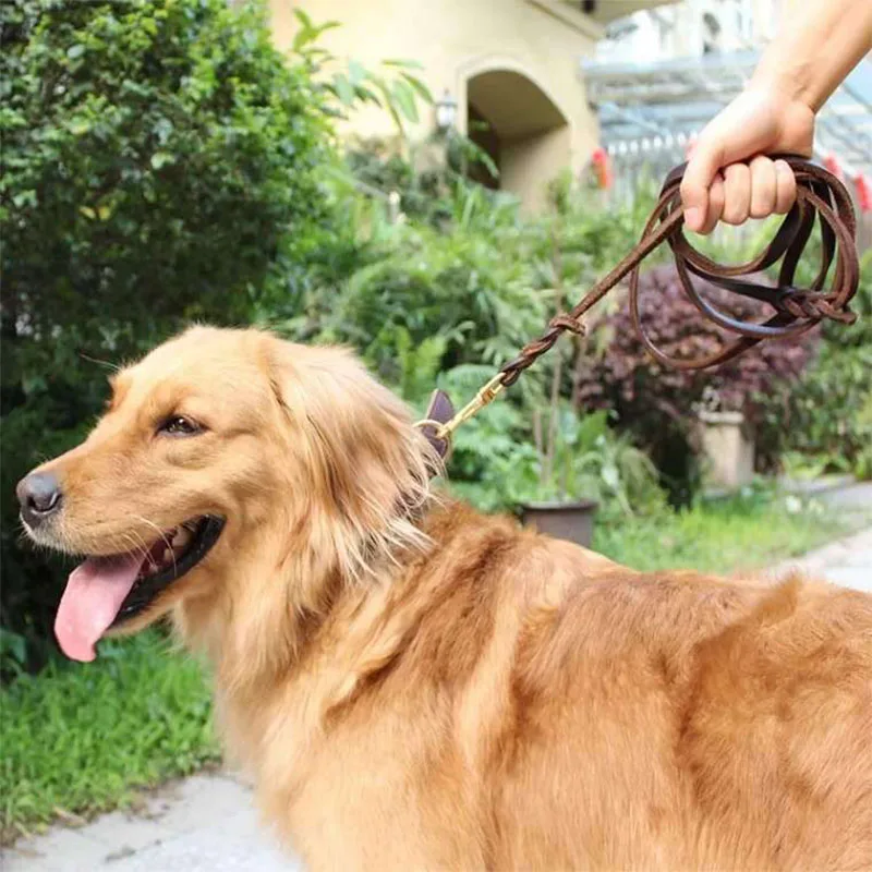 #*Cheap Large Dog Leash Braided Real Leather pet Walking Training Leads for Golden Retriever German Shepherd Big Dogs Genuine Leather