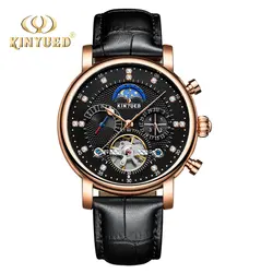 KINYUED кожаный ремешок Tourbillon Для мужчин Наручные часы Самовзводные Moon Phase механические часы модные Повседневное Sportes платье