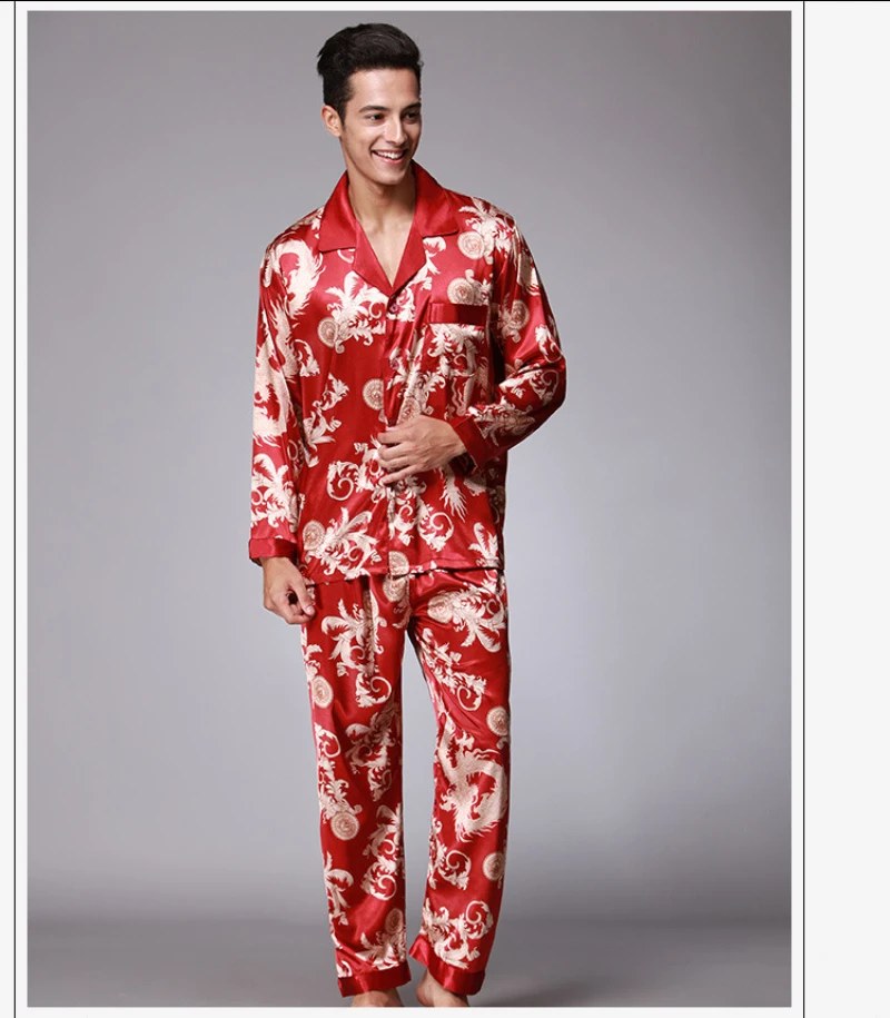 SSH004 High Quality Printed Wedding Mens Pajamas Satin Silk Nightgown Sleepwear Spring Autumn Male Full Sleeves Pants Pajama Set plus size silk pajamas