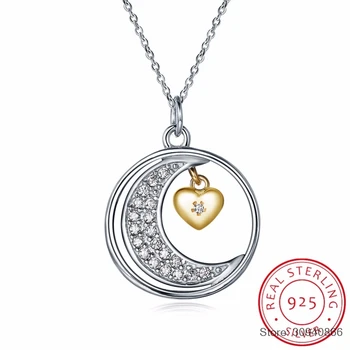 

925 Sterling Silver CZ Crystal Moon Love Heart Necklace I Love You To The Moon Back Women Fashion Pendants Necklaces Jewelry