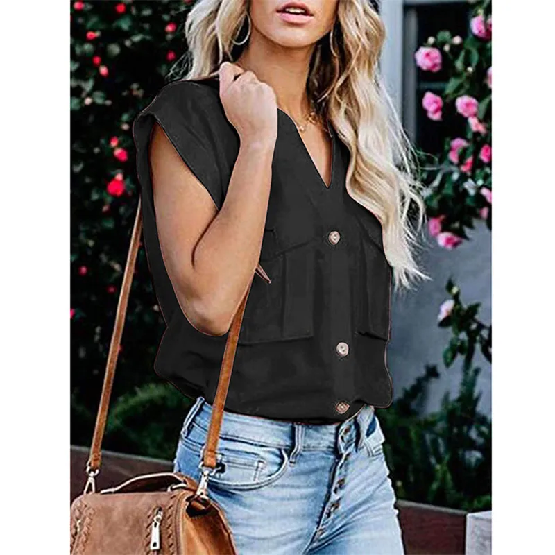 

Womens Plus Size Tops And Blouses Stand Collar Sleeveless Blouse Button Down With Two Pockets Casual Vintage Ladies Office Tops