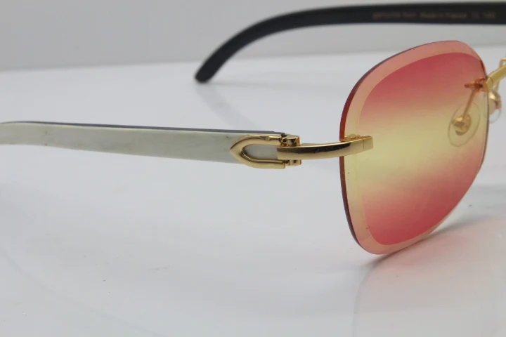 2018 New Cartier Rimless  T8200847 White Mix Black Buffalo Horn Sunglasses in Gold Pink Lens (7)
