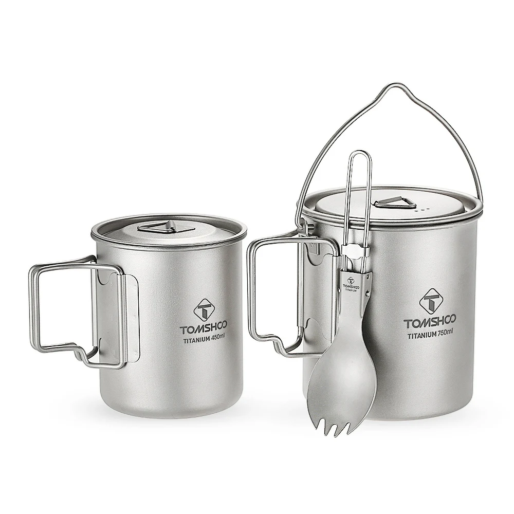 

TOMSHOO 750ml Titanium Pot + 450ml Titanium Water Cup Mug with Lid Foldable Handle + Folding Spork Spoon for Outdoor Camping