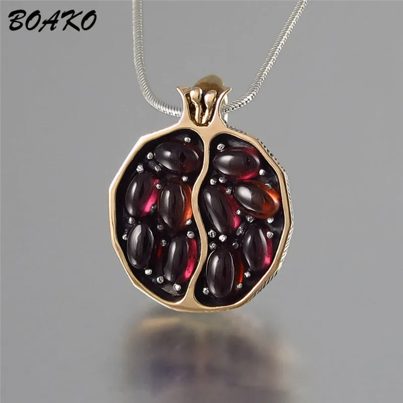 

BOAKO Vintage Pomegranate Flower Garnet Necklaces Pendants Personality Long Chain CZ Stone Crystal Necklace Boho Jewelry Kolye