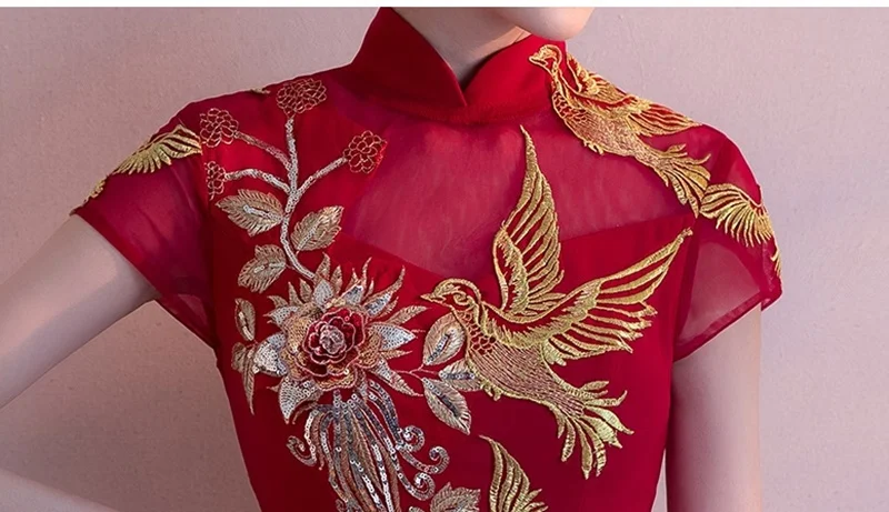 Cheongsam свадебное платье китайский стиль вышивка русалка платья для женщин сексуальные красные длинные свадебные платья TS1650