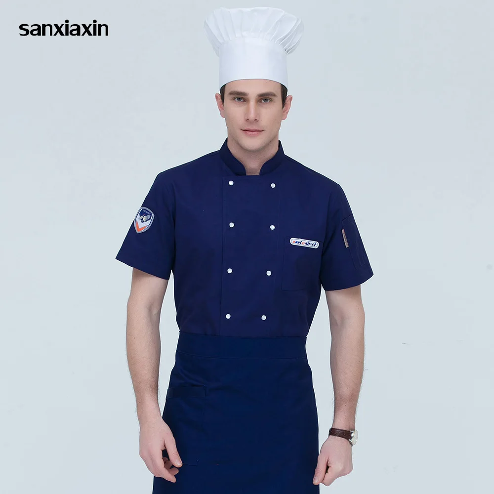 

Short sleeved restaurant catering uniforms Food Service Double-breasted Chef Jacket high quality hotel Kitchen work clothes men