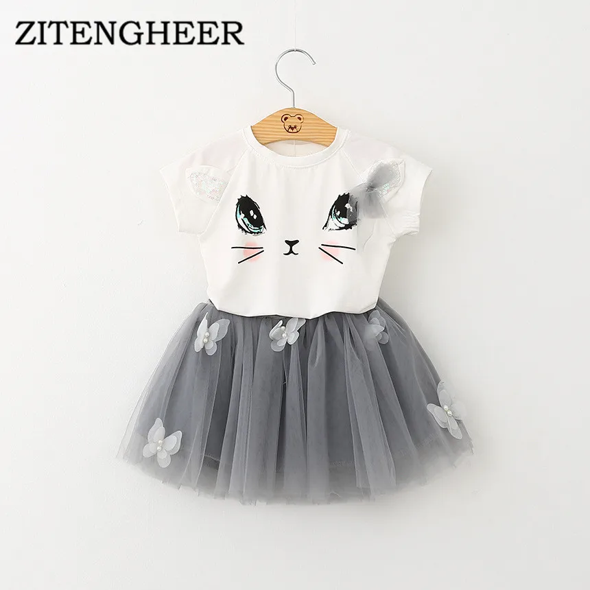 ZITENGHEER Girls T shirt cute cat + fluffy skirt summer children's suit