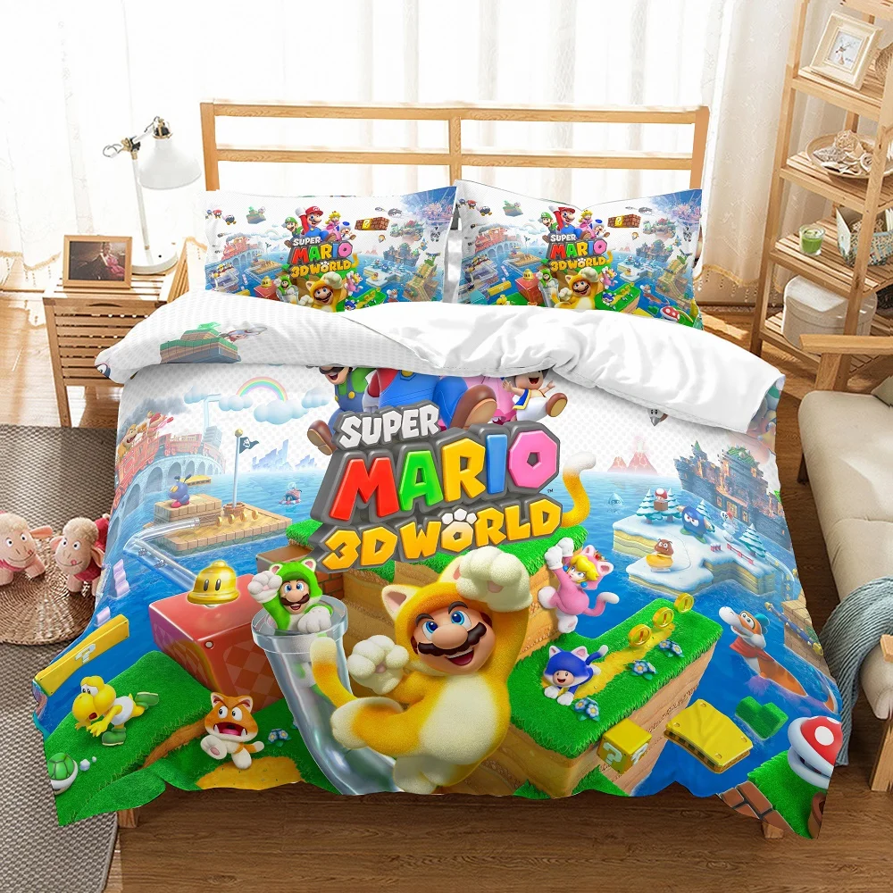 

3PCS Super Mario 3D World Bedding Set with 2 Pillowcase Cartoon Game Character Microfiber Blue Home Duvet Cover Set Bedclothes