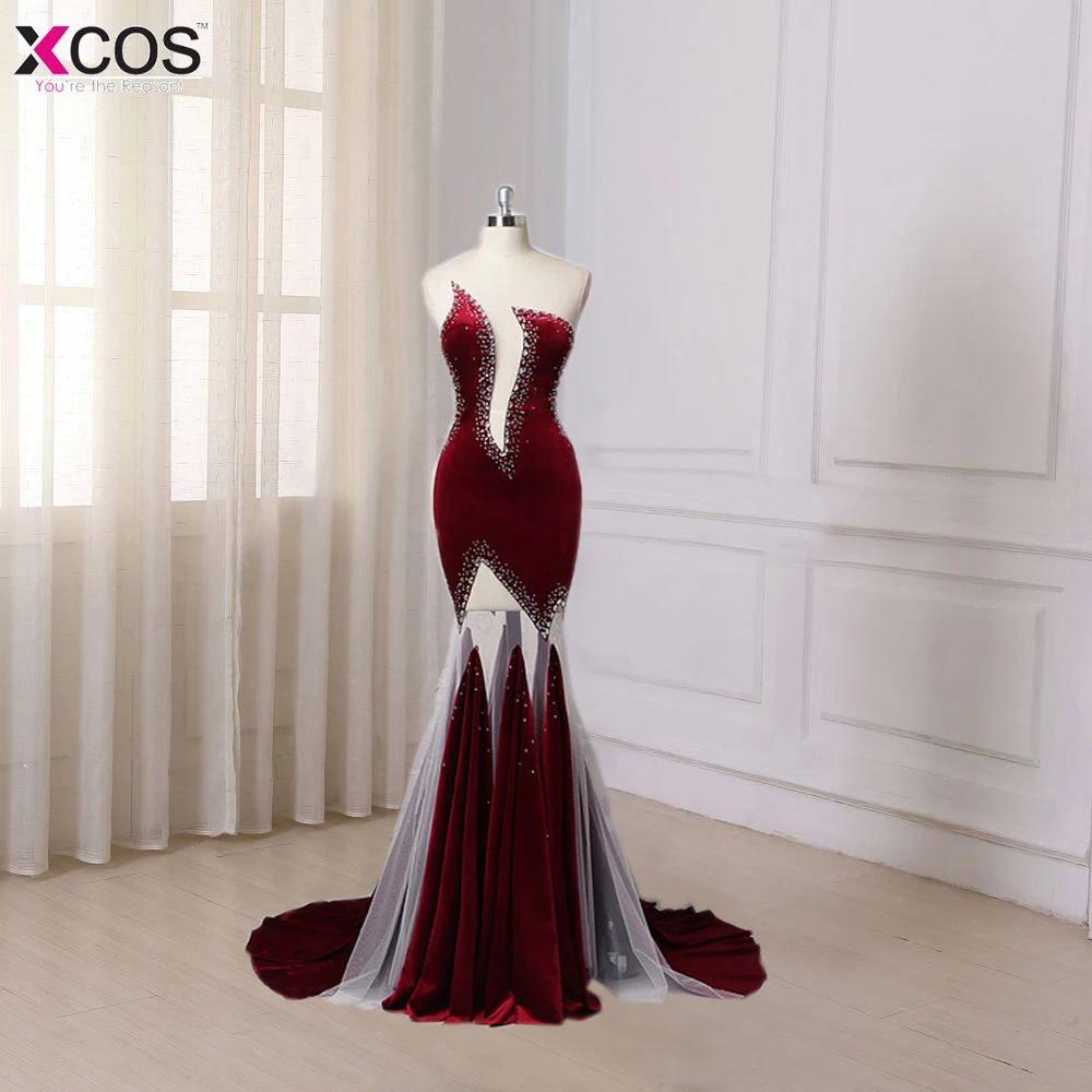 

New Arrival Burgundy Long Mermaid Prom Dress 2018 Women's Beaded Sexy Amazing Floor Length Robe De Soiree