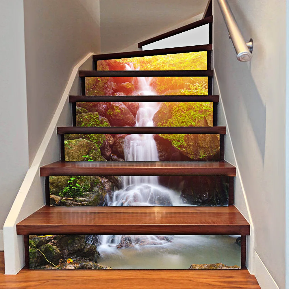 

6pcs 3D Waterfall Stair Stickers Waterproof Wallpaper Home Decorations 7.1 X 39.4 Inch Z40