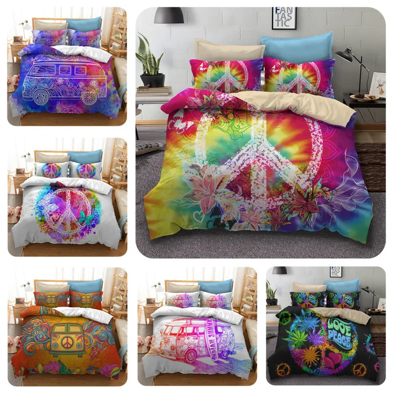 Us 22 47 52 Off Hippie Peace Symbol Digital Print Bedding Set Quilt Cover Design Bed Set Bohemian A Mini Van Bedclothes 4pcs Be1228 In Bedding Sets