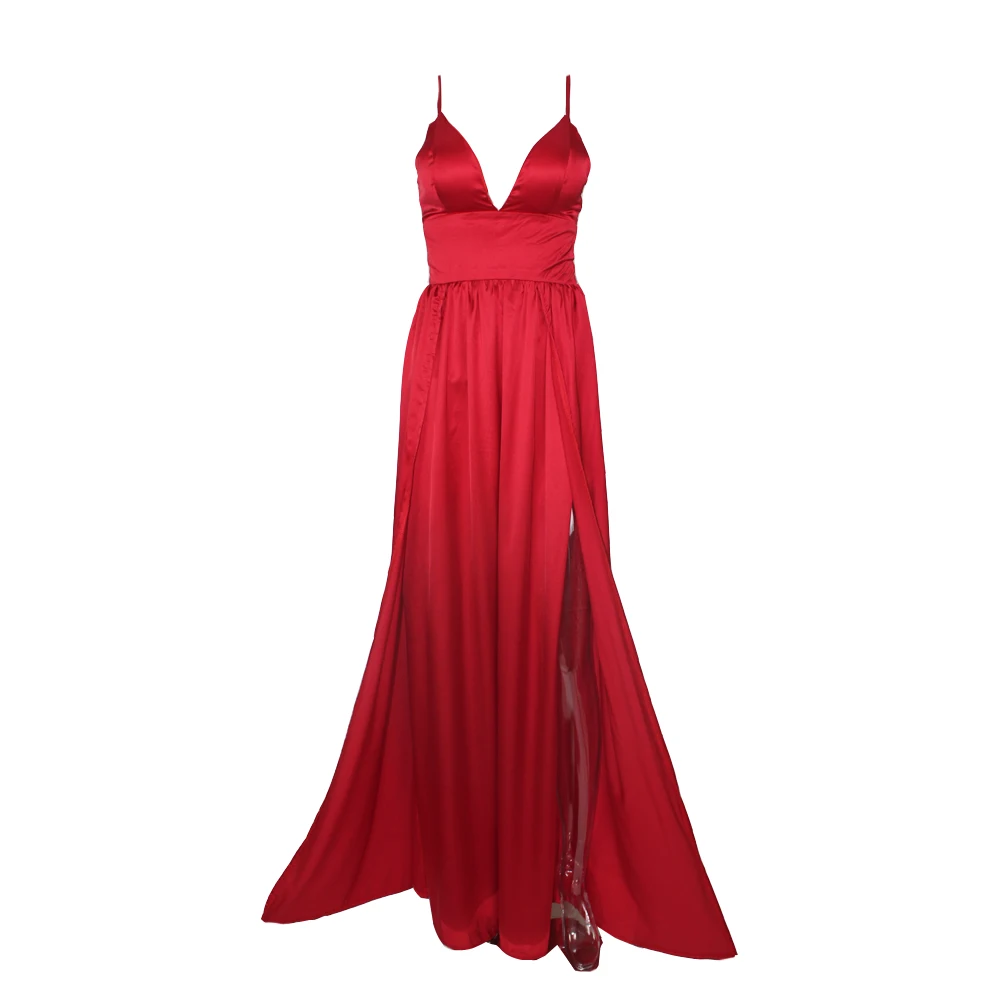 Атлас платье атласное V-образный вырез длинное платье без спинки Щелевая длина пола красный темно-синийсиний платье летнее женское платье для вечеринки платье для вечеринки