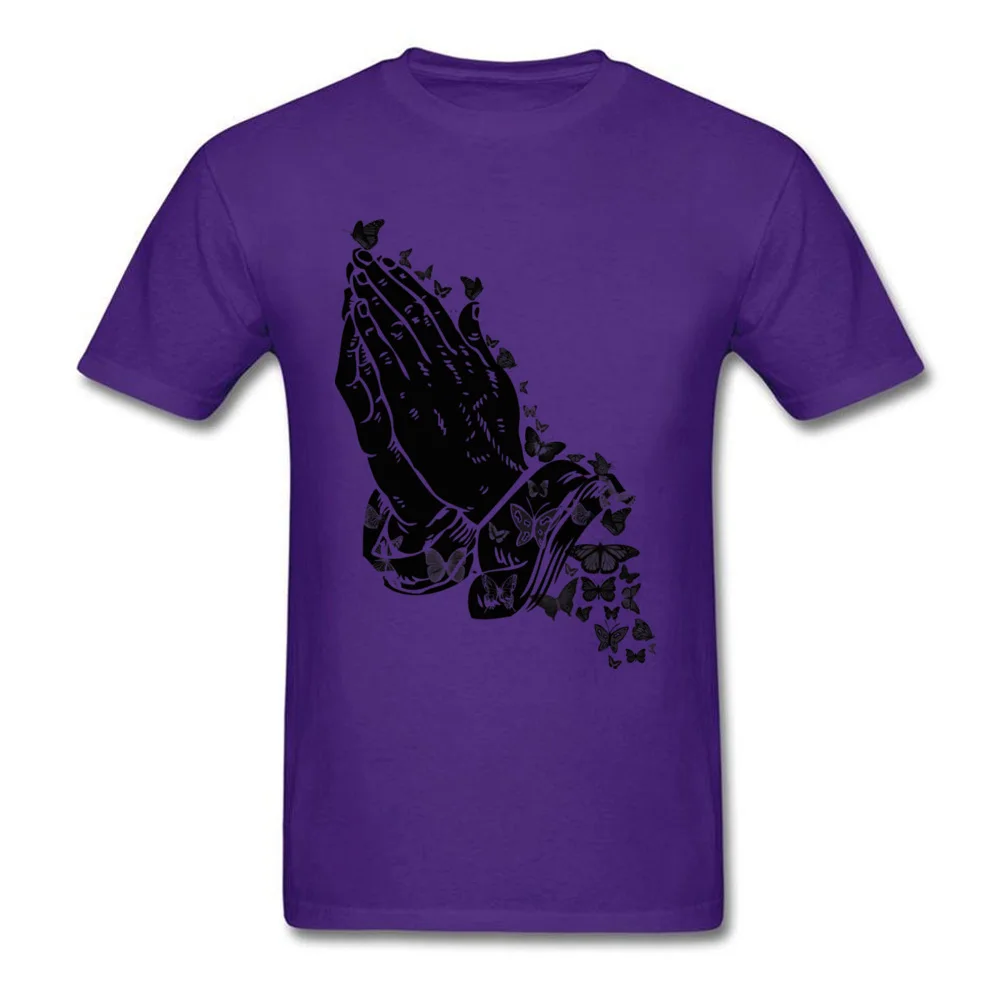 Praying hands and butterflies Crazy T-Shirt for Male 100% Cotton Summer Tops T Shirt Tee Shirt Short Sleeve Brand Crew Neck Praying hands and butterflies purple