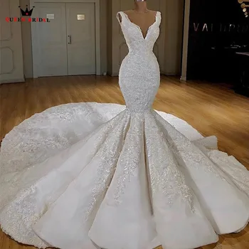 شراءفساتين زفاف مثيرة فاخرة بتصميم عتيق على شكل حرف V مصنوعة خصيصًا على شكل حورية البحر بفتحة رقبة على شكل حرف V مصنوعة من قماش التل بالدانتيل طراز...