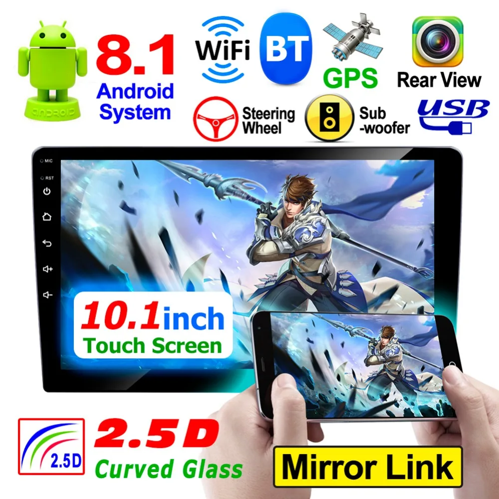 

Android 8.1 Car Stereo Radio Bluetooth 2 Din 10.1 inch Touch Screen WiFi Audio Autoradio Support FM/MP5/AUX Rear View Camera
