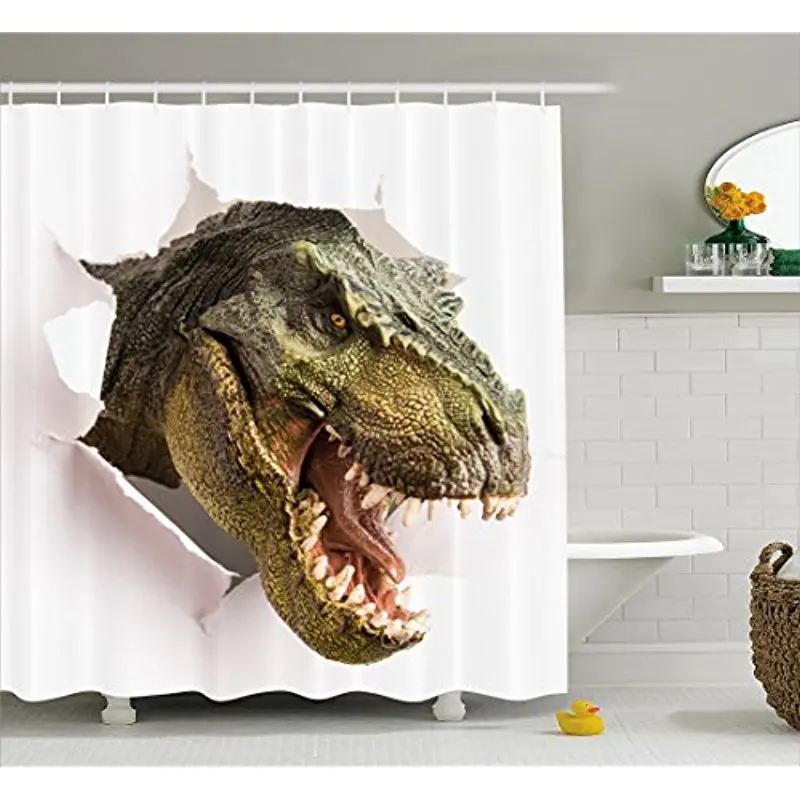 US $18.04 NYAA Dinosaur Shower Curtain Dangerous Dinosaur Tears Up the Paper Wall Image Scary Break Scenery Fabric Bath Curtains