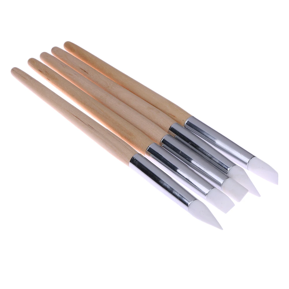 

5pcs Nail Art Sculpture Carving Pen Kit Silicone Head Wooden Handle Painting Brushes 3D Gel Polish Manicure Effect Shaping Tools