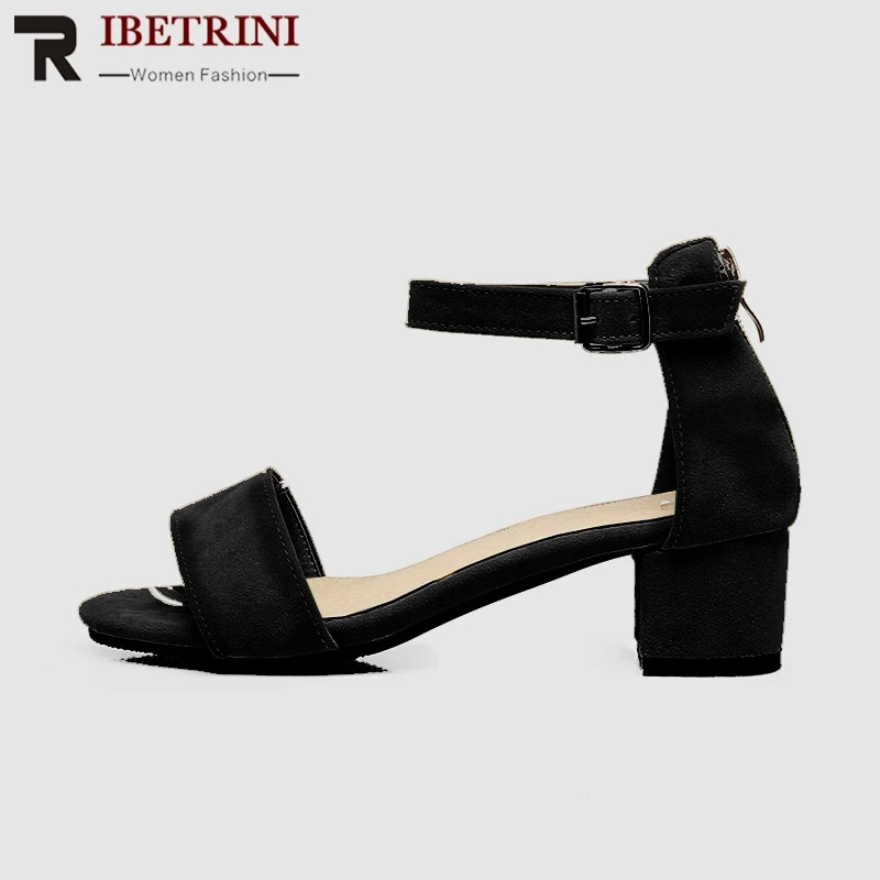 

RIBETRINI Plus Size 30-50 Elegant Wide Strap Summer Sandals Women Lovely Shallow Med Heels Shoes Woman Concise Date Footwear