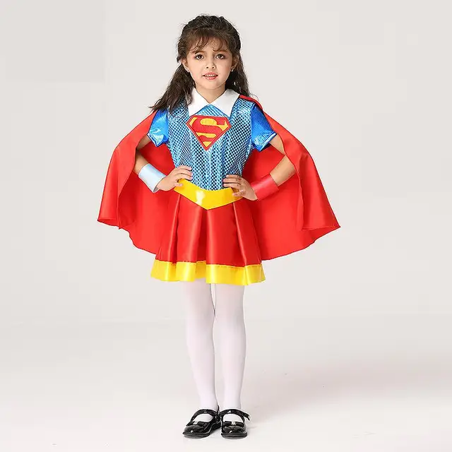Kids Children Girls Supergirl Superman Costume Halloween Purim Cosplay Fancy Dress Superhero