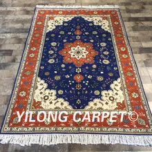 Yilong 4'x6' ручной работы изысканный турецкий стиль синий цвет ковер традиционных шерстяной ковер из шелка(WY2064S4x6