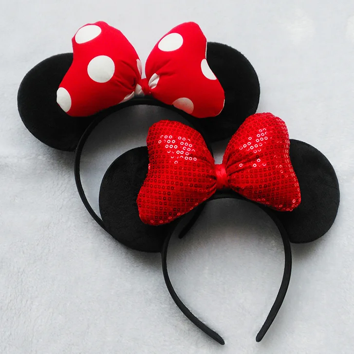 

Minnie Mouse Black white dot Sequin Headband Cosplay Ears Costume Bow Hat kids adult