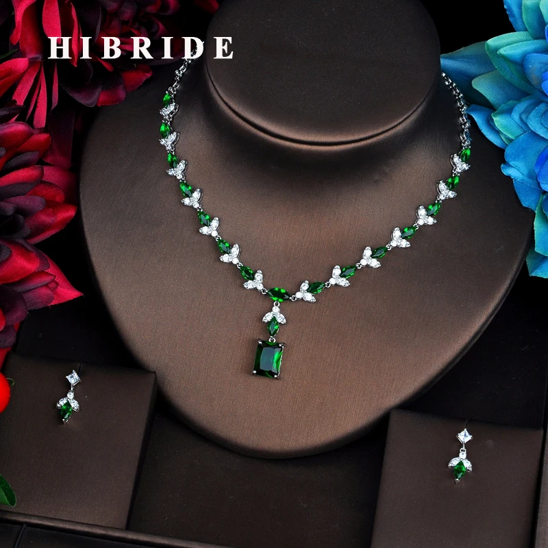 HIBRIDE элегантный дизайн зеленый фианит комплекты украшений для женщин ожерелье набор модное платье аксессуары помолвка подарок N-516 HIBRIDE элегантный дизайн зеленый фианит комплекты украшений для женщин ожерелье набор модное платье аксессуары помолвка подарок N-516