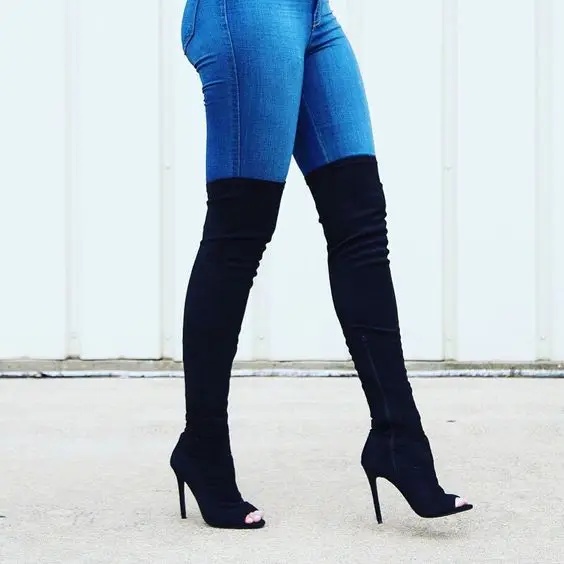 new fashion over the knee woman shoes sexy open toe stretch fabric thigh high boots 2017 thin heel boots black suede long boots new fashion over the knee woman shoes sexy open toe stretch fabric thigh high boots 2017 thin heel boots black suede long boots