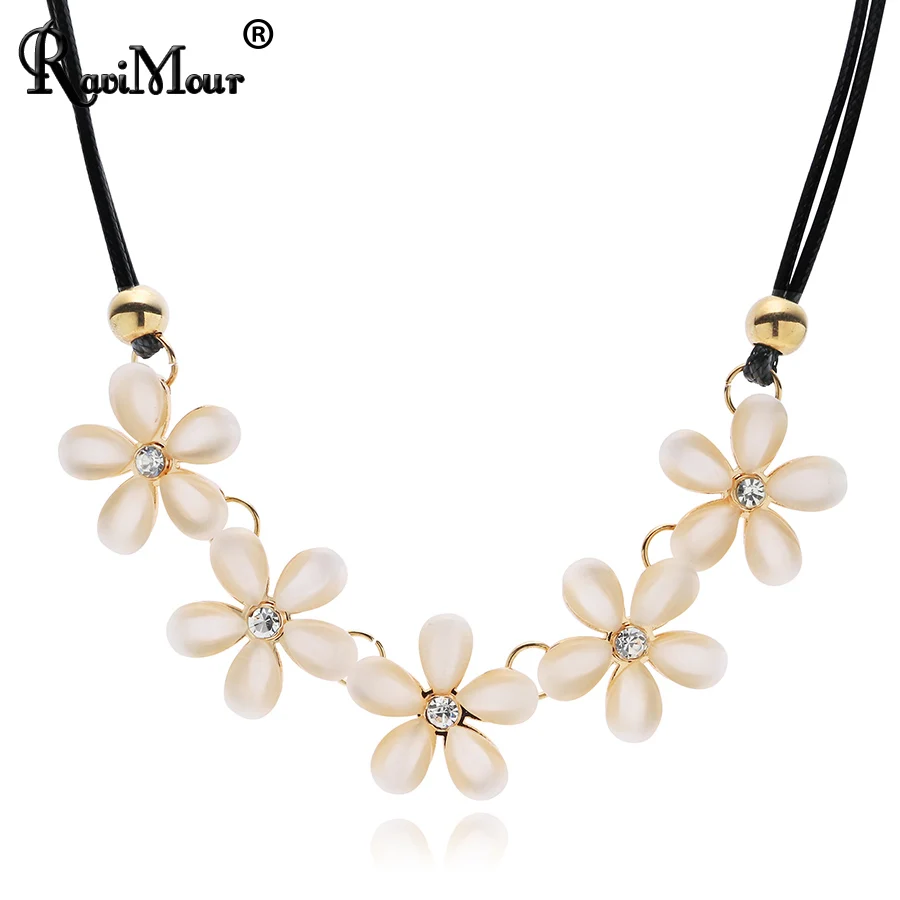 

RAVIMOUR Opal Flower Choker Women Necklace Trendy Korean Style Black Leather Cord Chain Collier Femme Bijoux Gift for Girls 2019
