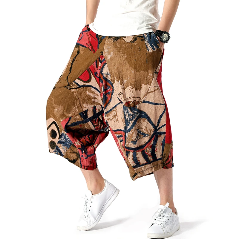 

2019 Plus Size 5XL Harem Pants Men Cotton Linen Hip Hop Printed Baggy Wide Leg Pant Loose Male Autumn Summer Long Trousers