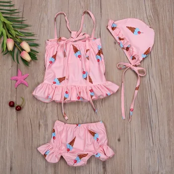 

3PCS New Summer Baby Swimwear Kid Girls Straps Tops Briefs Bottoms With Hat Swimsuit Bikini Set