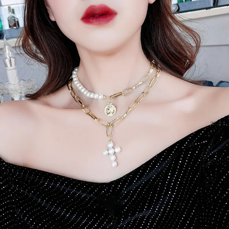 

New Fashion Hip Hop Creative Clavicle Chain Cross Pearl Multi Layer Necklace Women Neck Jewelry Choker Accessories