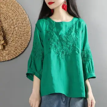 

Vintage cotton shirt tops summer women embroidered three quarter sleeve loose linen national blouse