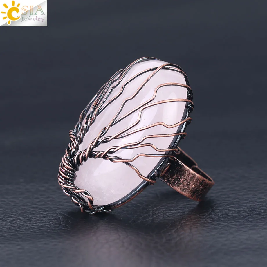 CSJA, античные кольца для женщин, Винтажные Ювелирные изделия на палец, в форме яйца, натуральный камень, бисер, проволока, обернутое дерево жизни, регулируемое кольцо F391