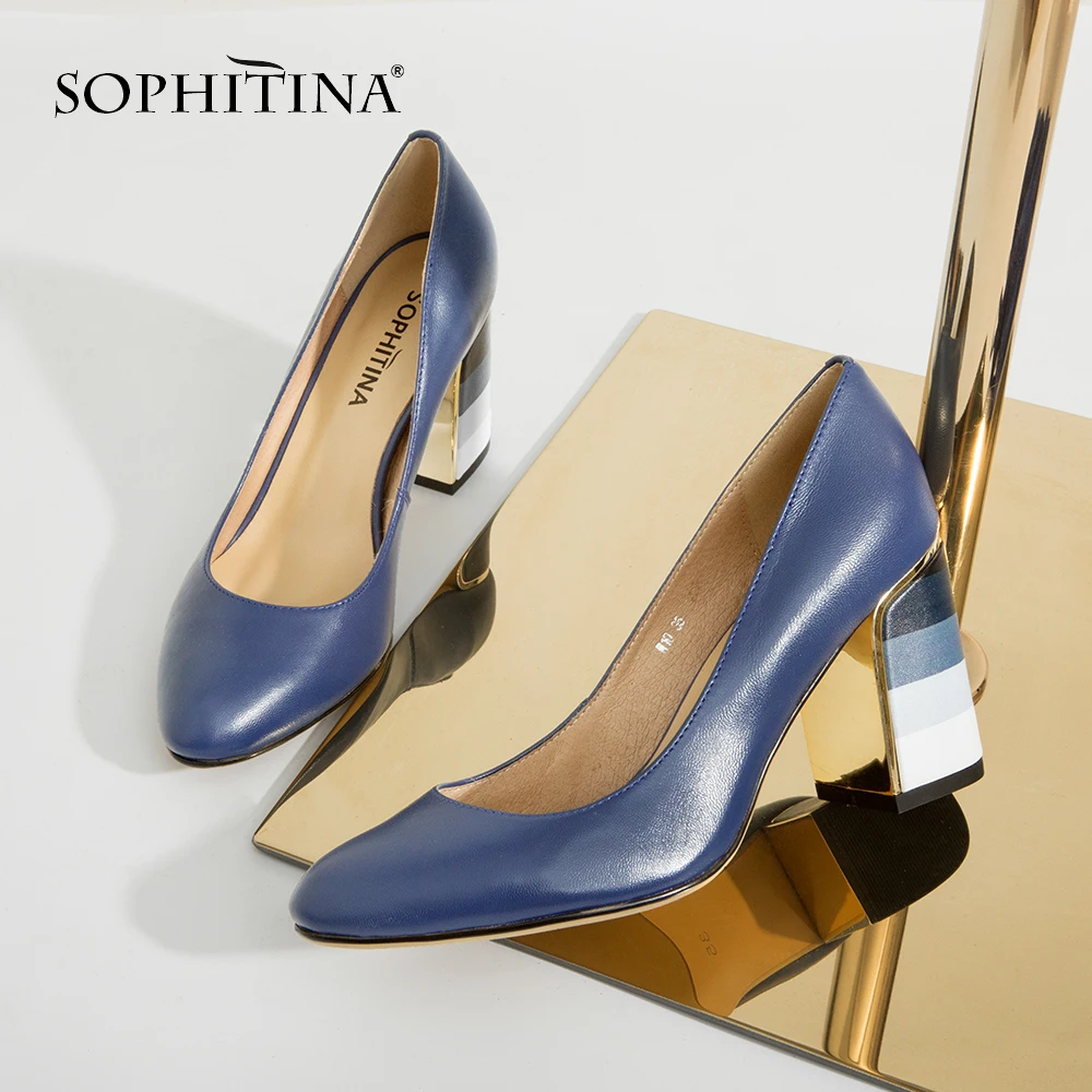 SOPHITINA 2019 Genuine Leather Pumps Women's Autumn Slip-On Round Toe Square Heel Dress Shoes Handmade Elegant Shallow Pumps W10