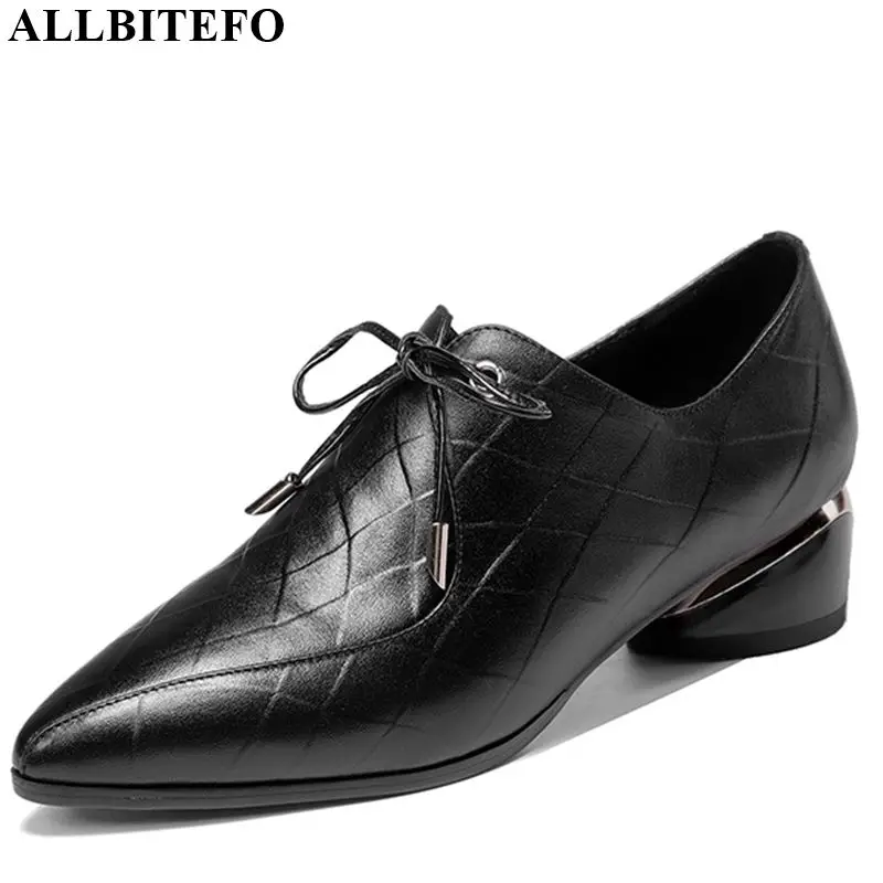 

ALLBITEFO real genuine leather lace up ladies women heels casual high thick heel shoes new brand spring autumn girl high heels