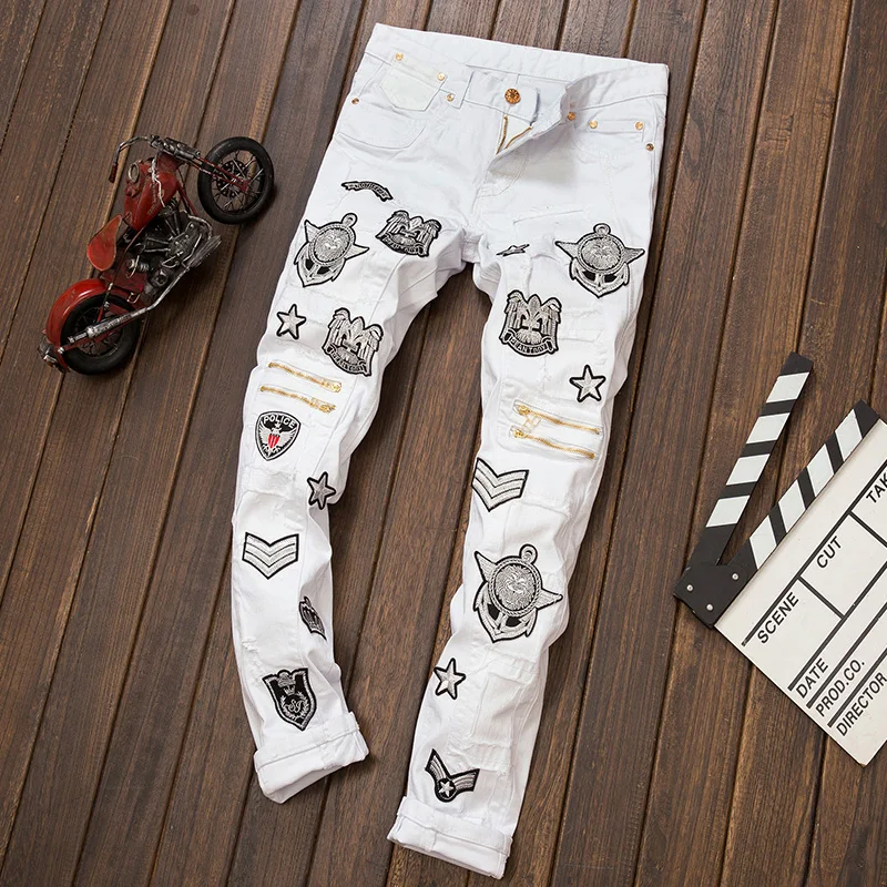 Hot 2016 New fashion white men jeans ripped biker pants European and American Bar DJ style