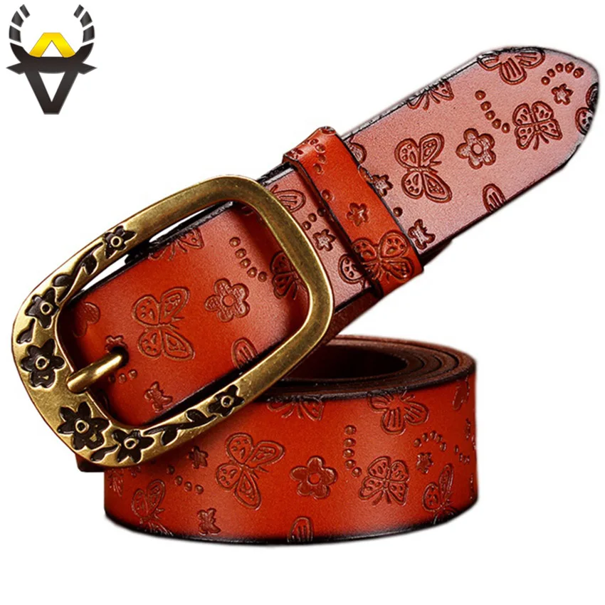 

Butterfly Genuine Leather Belts for Women Fashion Vintage Floral Pin Buckle belt woman Quality Second Layer Cowskin strap female