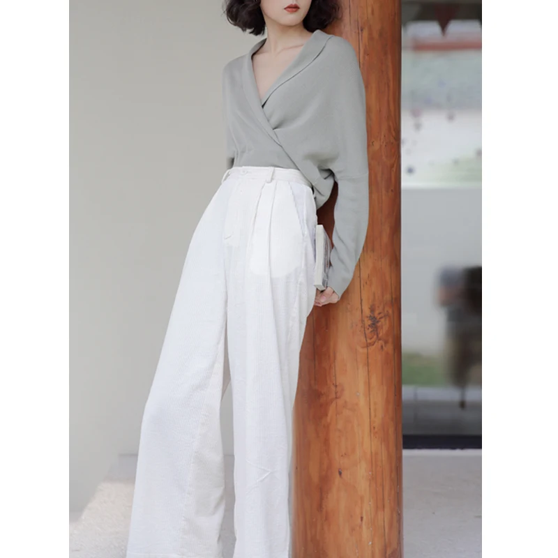 

LYNETTE'S CHINOISERIE Spring Autumn Women High Waist Safari Style Handsome Corduroy Pants Wide Leg White Cotton Trousers