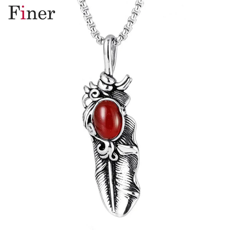 

Women Charm 2.5" Long Titanium Ethnic Indian Leaf Leaves Pendant Necklace Men Retro Garnet Jewelry from India