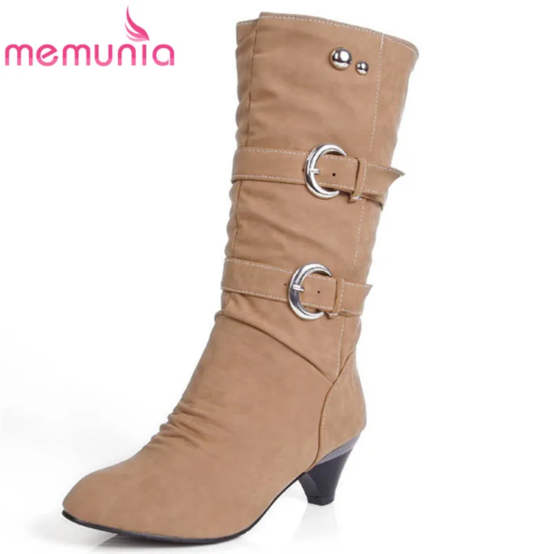 

MEMUNIA 2020 new arrival round toe autumn winter boots fashion slip on buckle mid calf boots women elegant female shoes gray