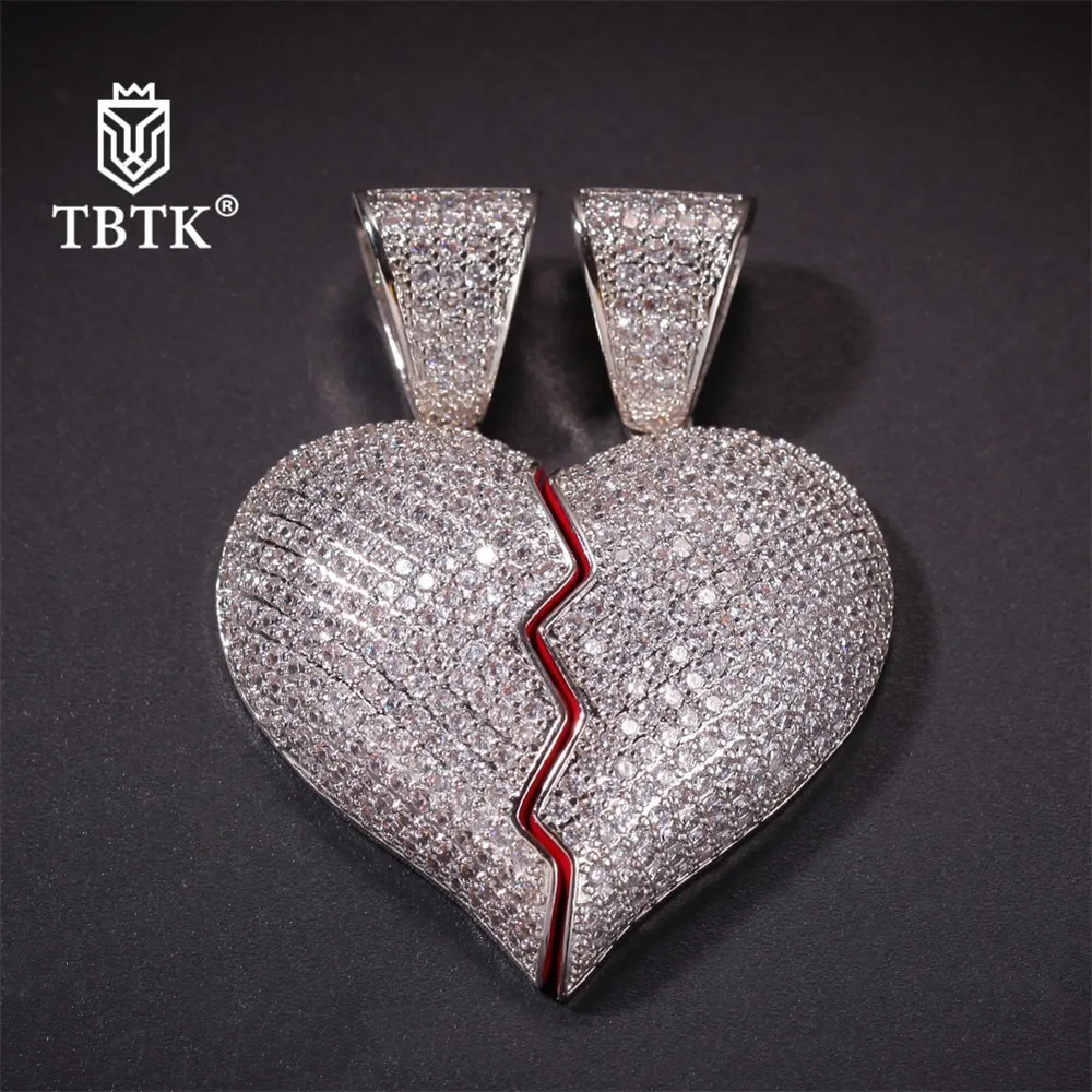 

TBTK Iced Out Two Half Heart Couple Pendant Unisex Copper Zirconia Luxury Jewelry Punk Charms Necklace Silver Ture Love Token